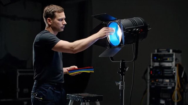 A male lighting technician adjusts a professional stage light with a blue color gel.