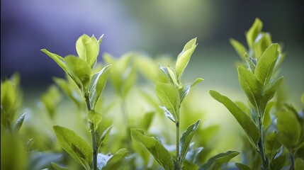Fototapeta premium blueberry. Close-up of lush green blueberry leaves with vibrant natural tones and a softly blurred background. gardening catalogs, home-decor guides, designed for home decor and floral branding.