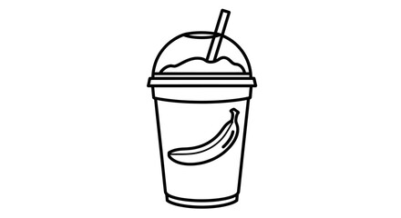 A black and white illustration of a banana smoothie in a plastic cup with a straw.