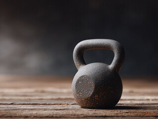 Dramatic shot of a textured iron kettlebell on rustic wooden planks. Symbolizes strength, fitness, and healthy lifestyle. Use for gym ads, health blogs, or motivational content.