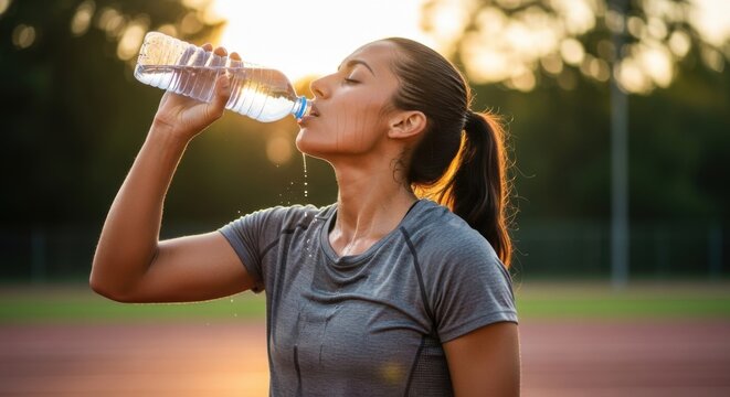 Woman drinks water after workout, refreshing and hydrating. - Powered by Adobe