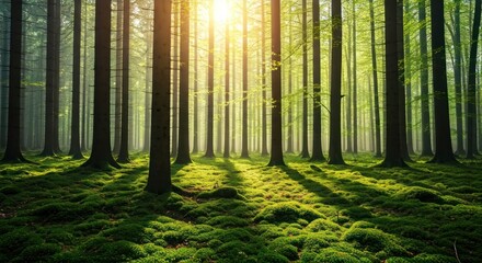 Sunlight streams through a lush forest, casting shadows on the green mossy ground
