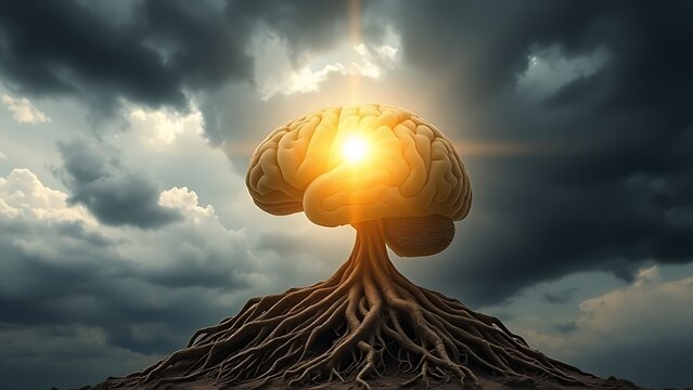 A luminous sunbeam breaks through storm clouds to illuminate a human brain model made of intricate, healthy tree roots.