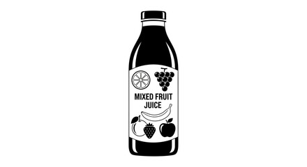 Black and white illustration of a bottle of mixed fruit juice with fruit icons on the label.