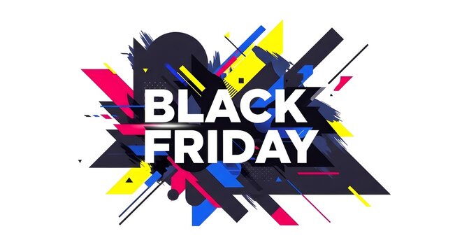 Black Friday Sale Text with Abstract Geometric Shapes and Dynamic Color Splashes, Perfect for Discount Promotions and Shopping Events