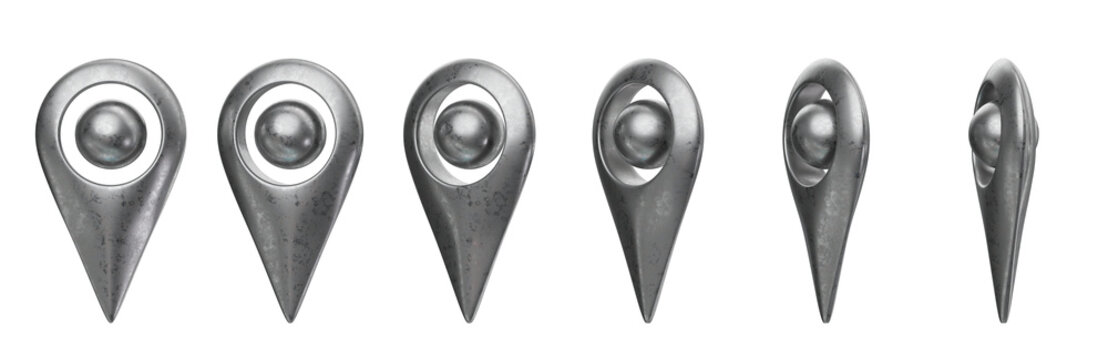 Metallic 3D map pin: multi-angle view set, isolated on transparent background. 3D illustration