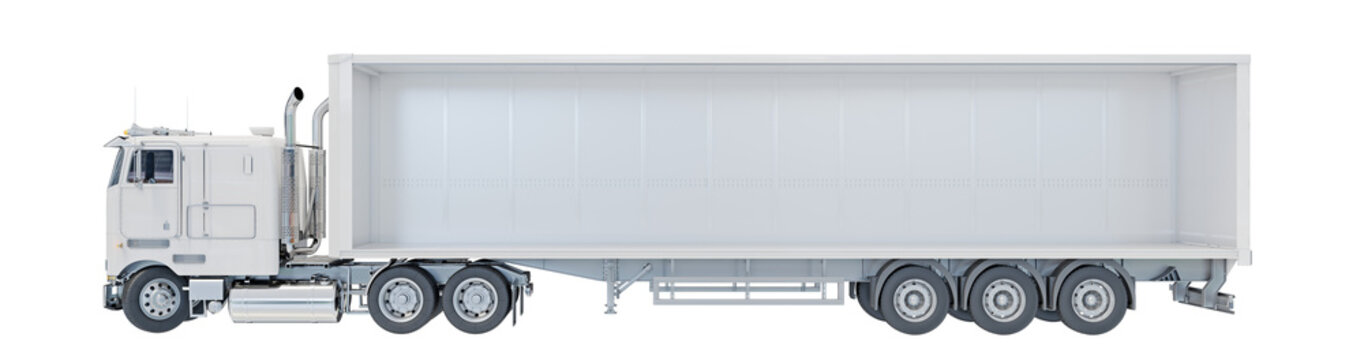White semi-trailer truck with the side panel removed. Side view, isolated on a transparent background. 3D illustration