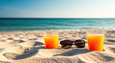 Sunny beach scene with two orange drinks and sunglasses on the sand, ocean in the distance