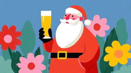 A cheerful santa claus holding a glass of beer surrounded by colorful flowers