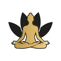 Golden Yoga Meditation Silhouette with Lotus Flower, Spiritual Wellness and Mindfulness Logo Design