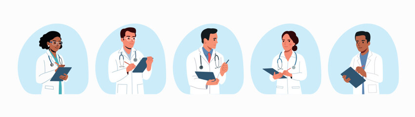 Set of illustrations showing doctors write an anamnesis in the medical record. Vector flat style cartoon illustration