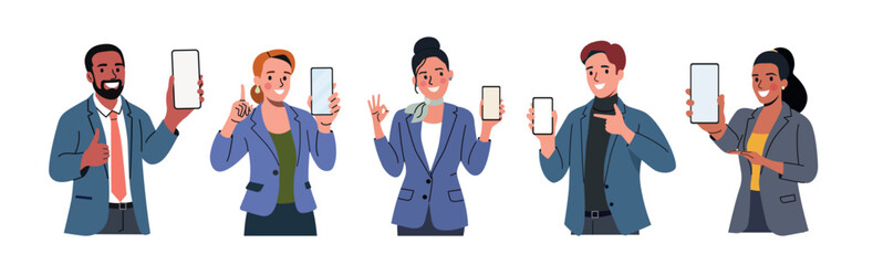 Different young business women and men show their smartphone screens. Flat style cartoon vector illustration.
