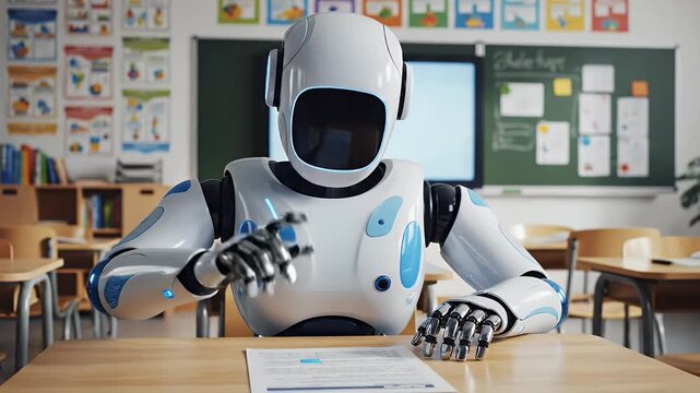 Robot teacher in classroom examines paper for artificial education - Powered by Adobe