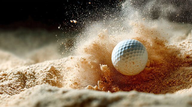 Golf ball sand bunker splash dust impact motion sport game outdoor energy as ball strikes bunker sending gritty particles flying in dramatic burst under warm light