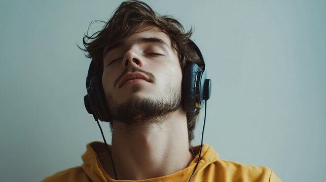 Young man enjoying music through headphones