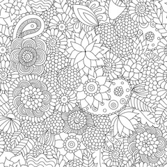 Doodle flower botanical seamless background black and white for coloring book, design of textile, bags, print. Stylized leaves and flowers, and abstract patterns. Outline drawing.
