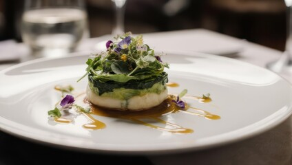 Elegant appetizer featuring a stack of fresh greens and edible flowers.