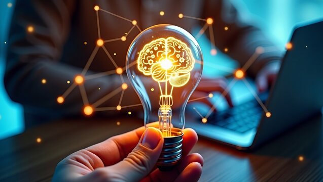Innovation and new ideas concept with a hand holding a glowing lightbulb containing a brain and network connections