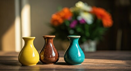 Three colorful vases on a wooden surface, with vibrant flowers in the background and natural light