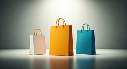 Three colorful shopping bags, centered with spotlight, on a reflective surface