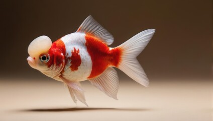 Elegant Red and White Oranda Goldfish Swimming Gracefully.