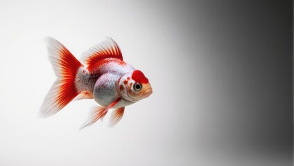 Elegant Red and White Oranda Goldfish Swimming in Clear Water.