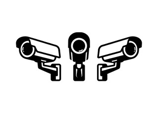 Three black and white security cameras in a row for surveillance and monitoring