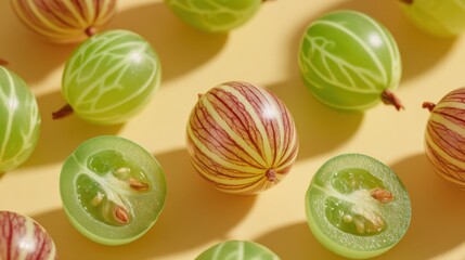 Freshly Sliced Fruit with Colorful Gooseberries on Yellow Surface