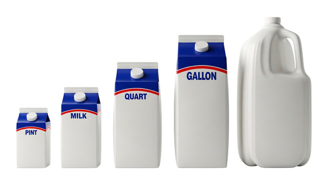 Various sizes of milk cartons and a gallon jug, isolated on transparent background