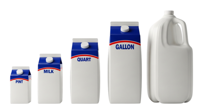 Various sizes of milk cartons and a gallon jug, isolated on transparent background