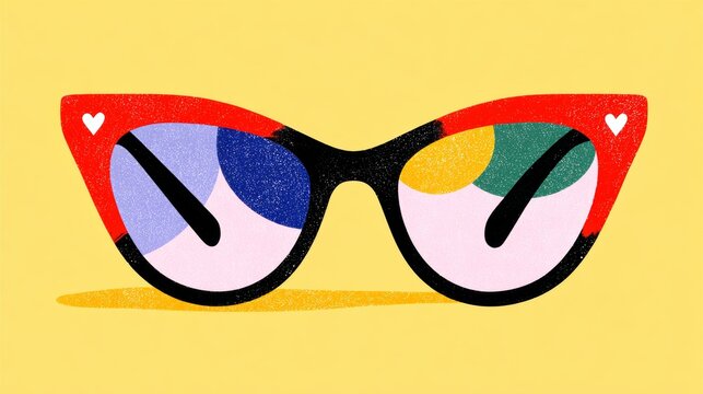 A pair of colorful cat-eye sunglasses with a playful design on a yellow background - Powered by Adobe