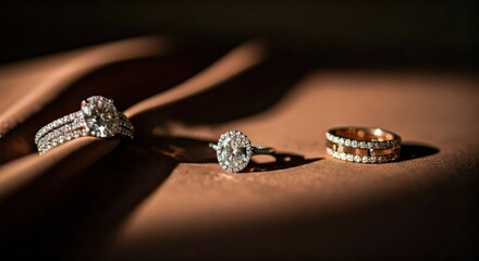 Three wedding rings, including a large diamond engagement ring, sit on cloth