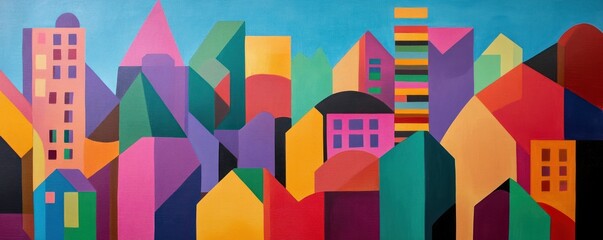 Obraz premium A colorful landscape of geometric buildings in vibrant colors against a blue sky