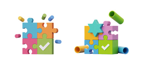 Naklejka premium Colorful puzzle pieces fitting together representing teamwork and problem solving on transparent background
