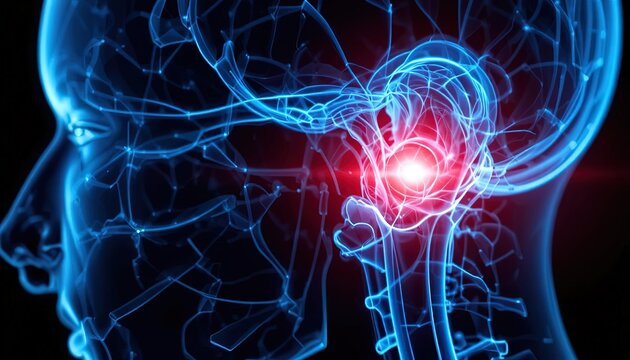 Intense headache pain relief concept with glowing red brain illustration, perfect for medical research and science publications showing neurological issues