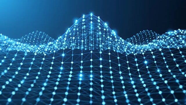 An abstract digital mesh network pulses with glowing blue interconnected dots and lines, forming an undulating topographical landscape. This futuristic visualization evokes concepts of data flow, info