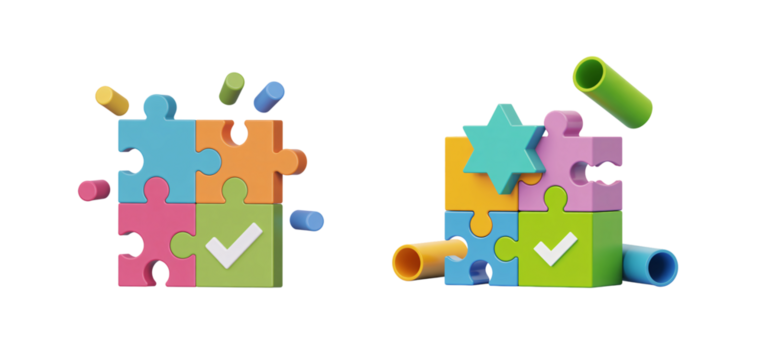 Colorful puzzle pieces fitting together representing teamwork and problem solving on transparent background