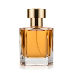 Elegant Amber Perfume Bottle with Gold Cap - Luxury Studio Macro Shot on Pure White Background