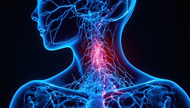 Stunning anatomical rendering of human nerves in the neck area with vibrant blue and red illumination showing complexity and detail for science or healthcare