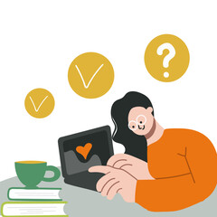 Girl, woman working on laptop. Office worker. Studying at home. Vector hand drawn illustration.