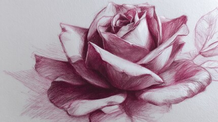Close-up of a meticulously rendered rose drawing, showcasing deep maroon hues and detailed shading, creating a sense of depth and realism.  The petals are 