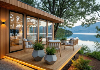 Modern lakeside cabin with a stylish wooden deck, comfortable lounge furniture, and stunning views of mountains and serene water.