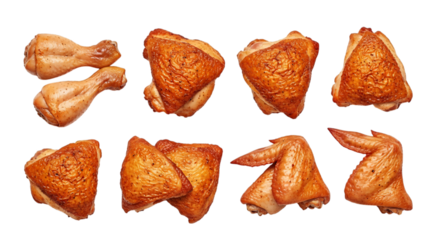 Assortment of delicious roasted chicken pieces, including drumsticks, thighs, and wings, isolated on transparent background