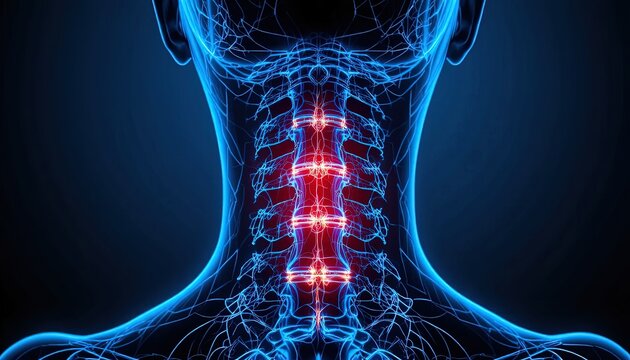 Brilliant spine visualization showing nerve pathways and pain points in the neck, ideal for medical training or education, with glowing red highlights