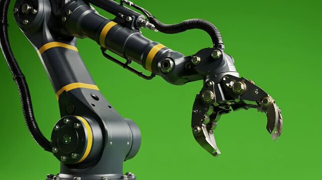 Robotic arm on green backdrop technology concept copy space