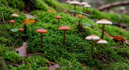 Fototapeta premium Mushrooms Growing in Lush Green Mossy Forest Environment.