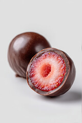 Glossy chocolate-covered cherry with pink interior cut in half on white background
