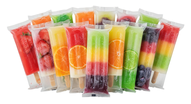Collection of colorful fruit popsicles in plastic packaging, isolated on transparent background