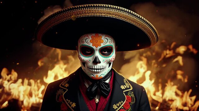 Day of the Dead Celebration with Traditional Sugar Skull Makeup and Charro Hat