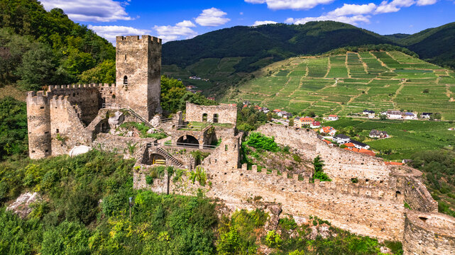 Austria tourism, Danube valley . scenic medieval castle in Spitz village located on the hill , Ruine Hinterhaus. enchanting Wachau region.